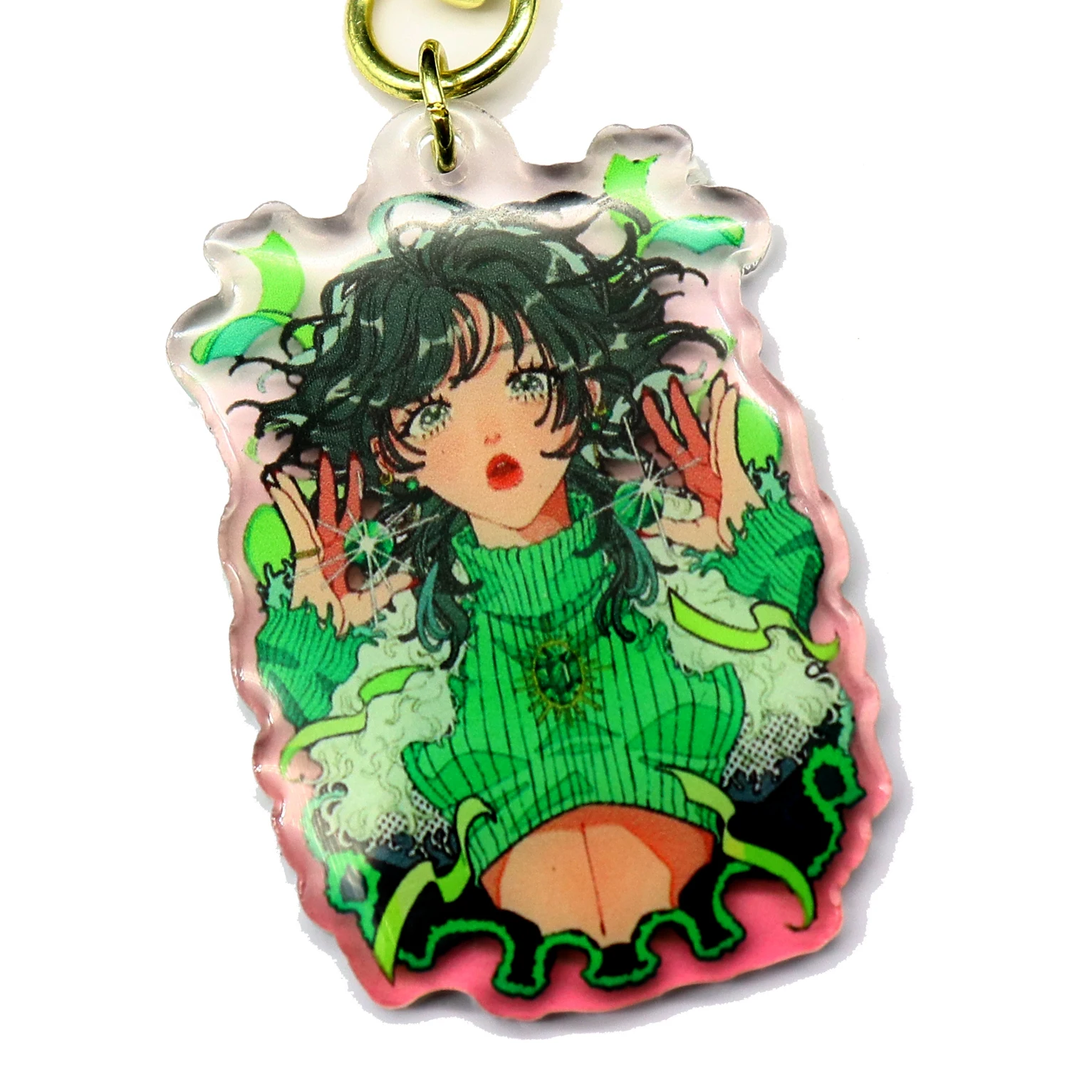 Manufacture Cute Charm Golden Keyring Small Clear Transparent Green Magical Anime Girl Woman Epoxy Acrylic Chain Keychain