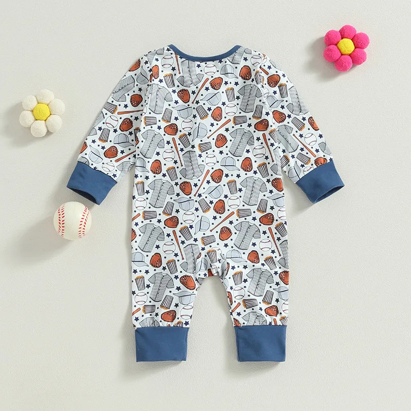 Custom Gender Neutral Kids Clothes Baby Jumpsuit For One Month Girl Overall Baseball Printed Zipper Long Sleeves Romper