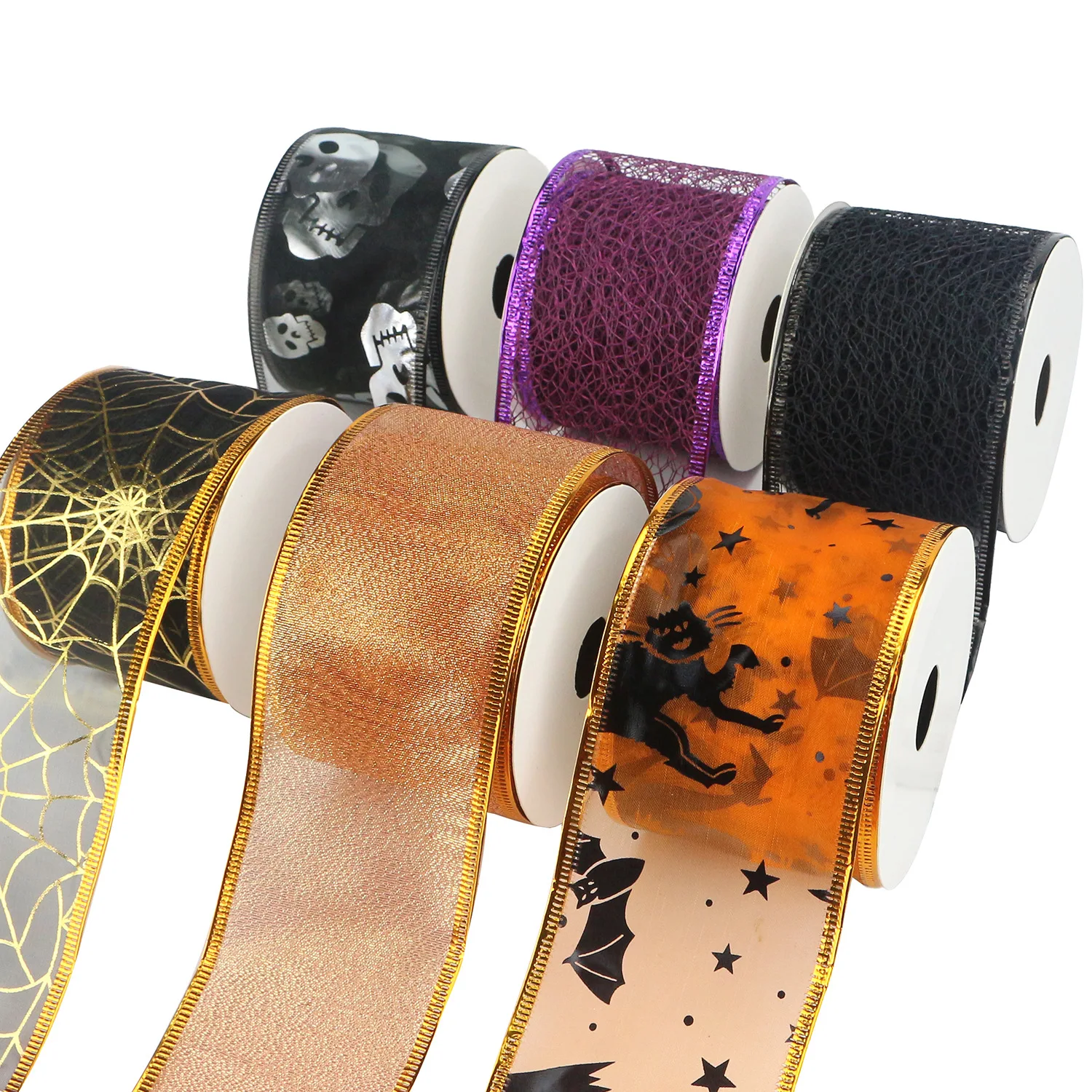Halloween 6 rolls Ribbons Metallic Stain Print Decorative Holiday Wrapping Craft for Scene Decoration