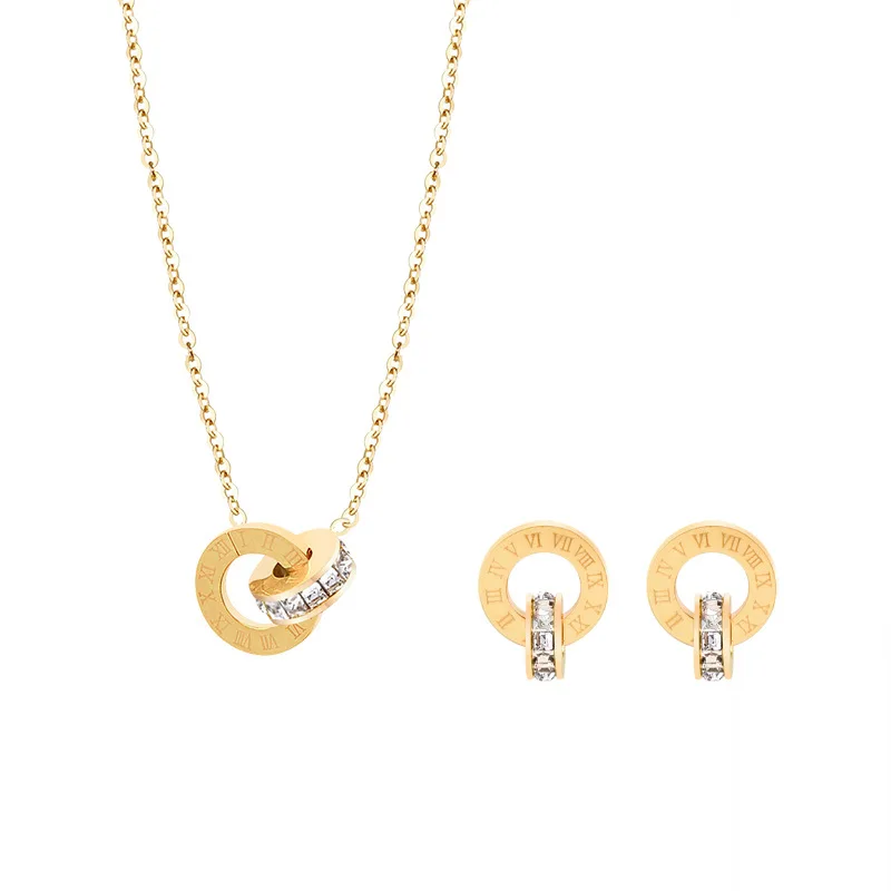 Stainless Steel 18K Gold Double Ring Roman Number Necklace Sticky Diamond Double Ring Stud Earrings Set