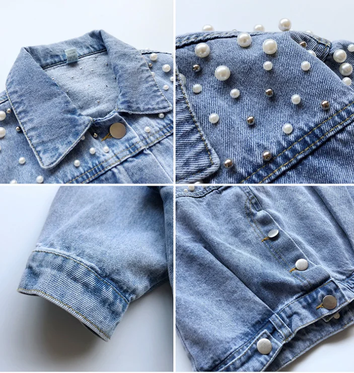 cy10849a 2021 New Spring Autumn Clothes Baby Girls Denim Outerwear Korean Version Trend Beaded Jean Jacket For Kids