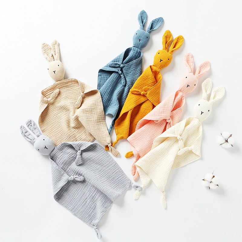 Cute Rabbit Organic Muslin Baby Blankets Soft Muslin Cotton Comforter Blankets with Bunny Knot Security Pacify Towels for Kids