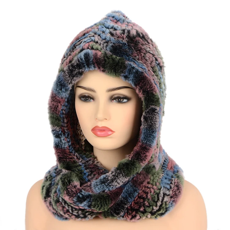 Женская вязаная шапка из натурального меха кролика Рекс, шарф с капюшоном, зимние шапки для женщин, шапка, теплая шапка из натурального меха с шарфом на шею
