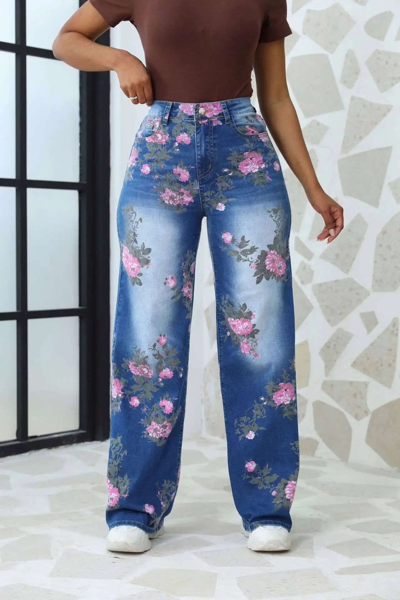 2024 HO Trendy Printed Plus Size Wide Leg Pants Jeans