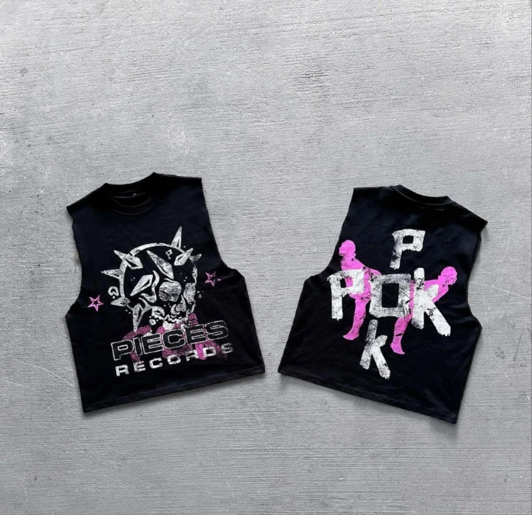 New Fashion Design Acid Wash Music Band Sleeveless Tops Hip Hop T-shirt Men Discharge Print Custom T Shirts