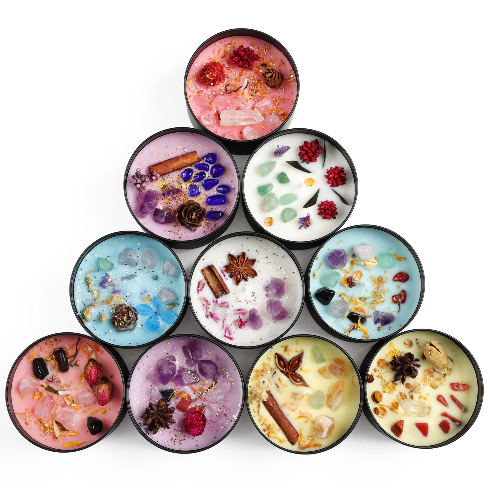 Hot Selling Dried Flower Candle With Crystals Wholesale Chakra Black Iron Tin Scented Candle For Wedding Gift Home Decoration
