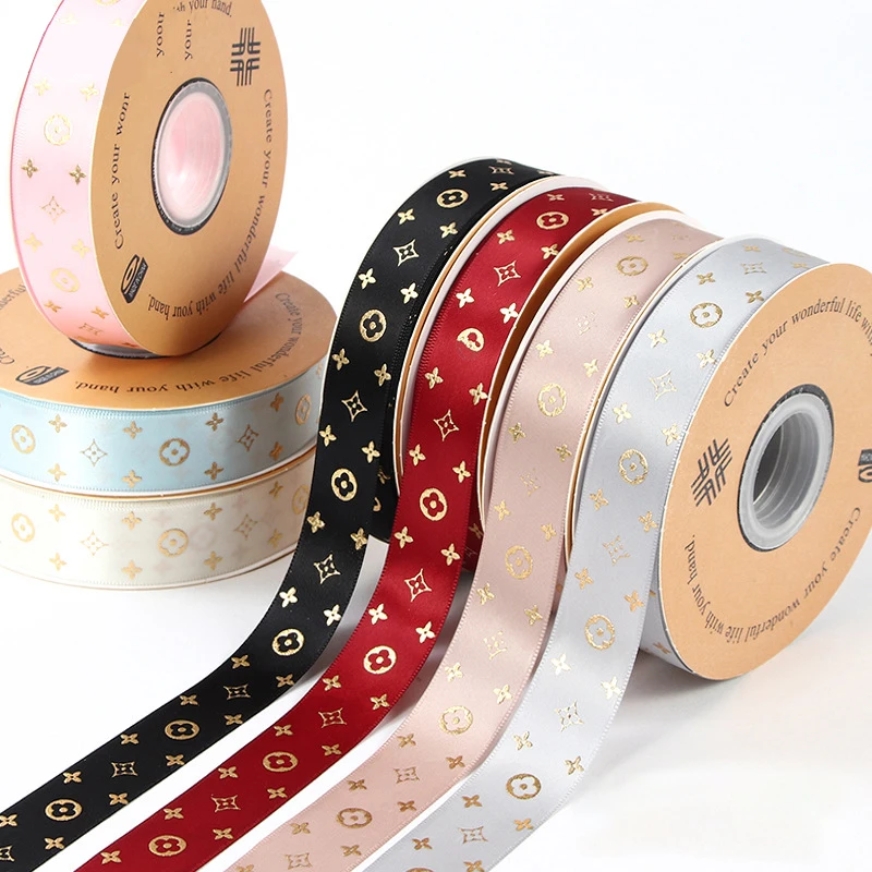 Fast Shipping Custom Shiny Print Logo Satin Ribbon With Gold Stamping Foil