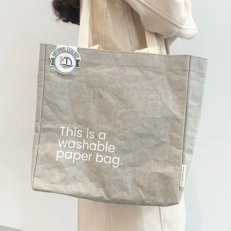 Fashion and Sustainable Quality Washed Eco-friendly Kraft Paper Tote Bag, Durable Waterproof Travel Bag