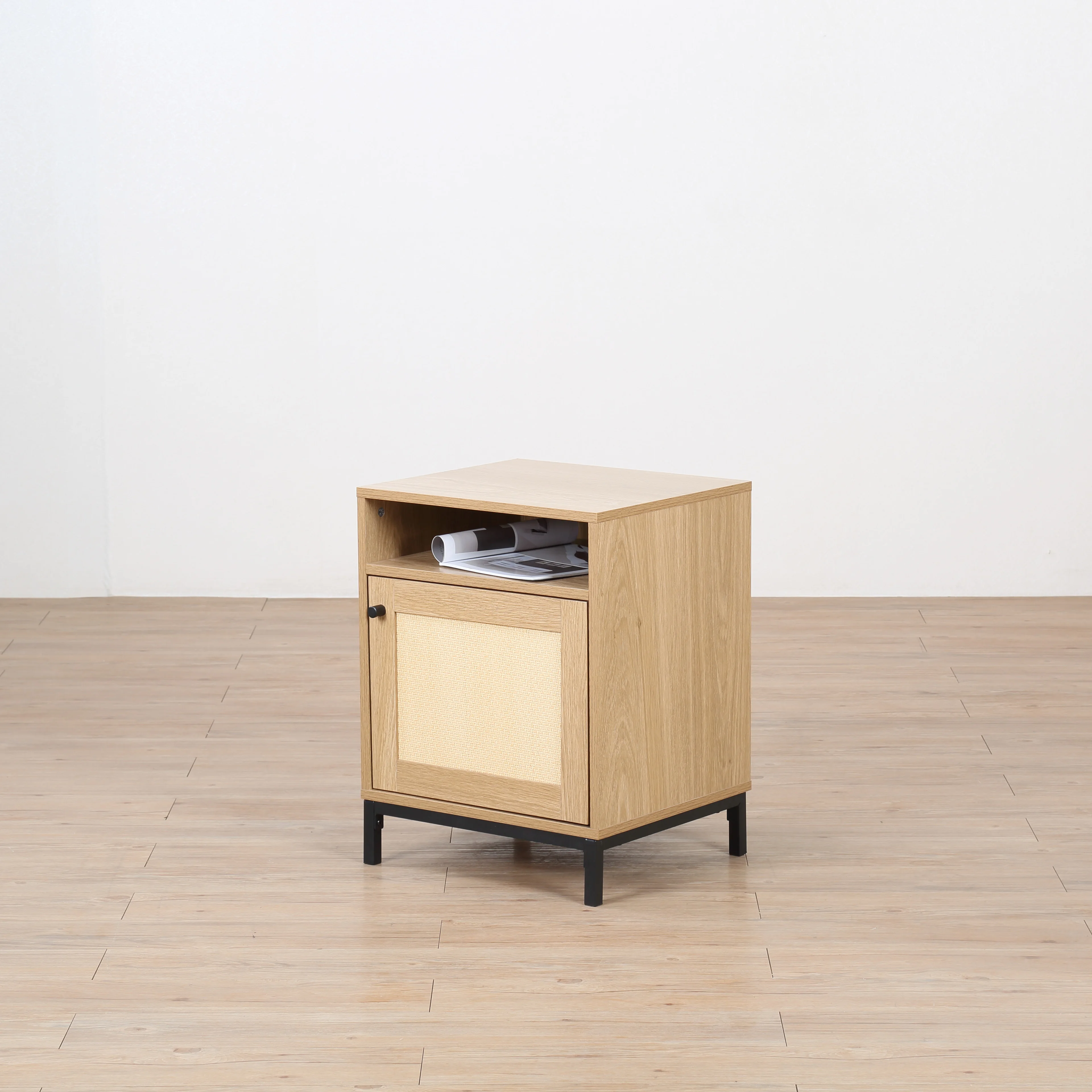 Wholesale paper rattan 1door 1 shelf shelf  kitchen liner dining living entryway storage racking handle metal leg wooden cabinet