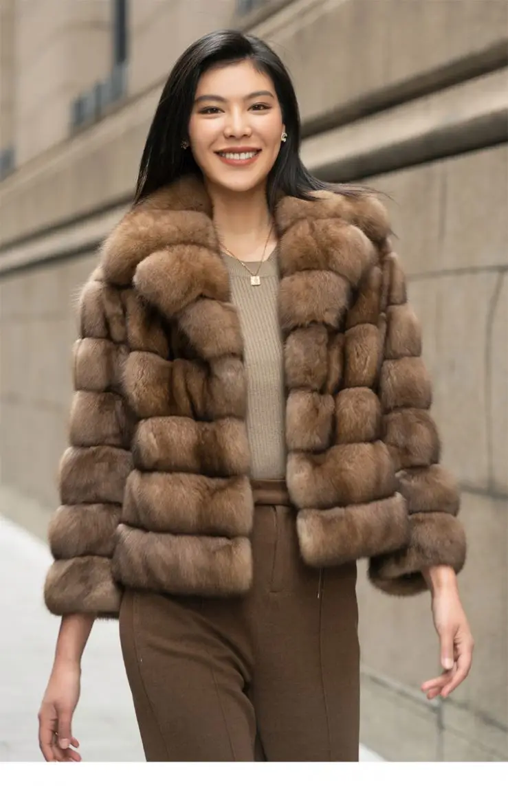 Luxury Smooth Classic Primary Color Real Sable Lapel Fur Coat Winter Long Sleeve Fur Jacket For Women