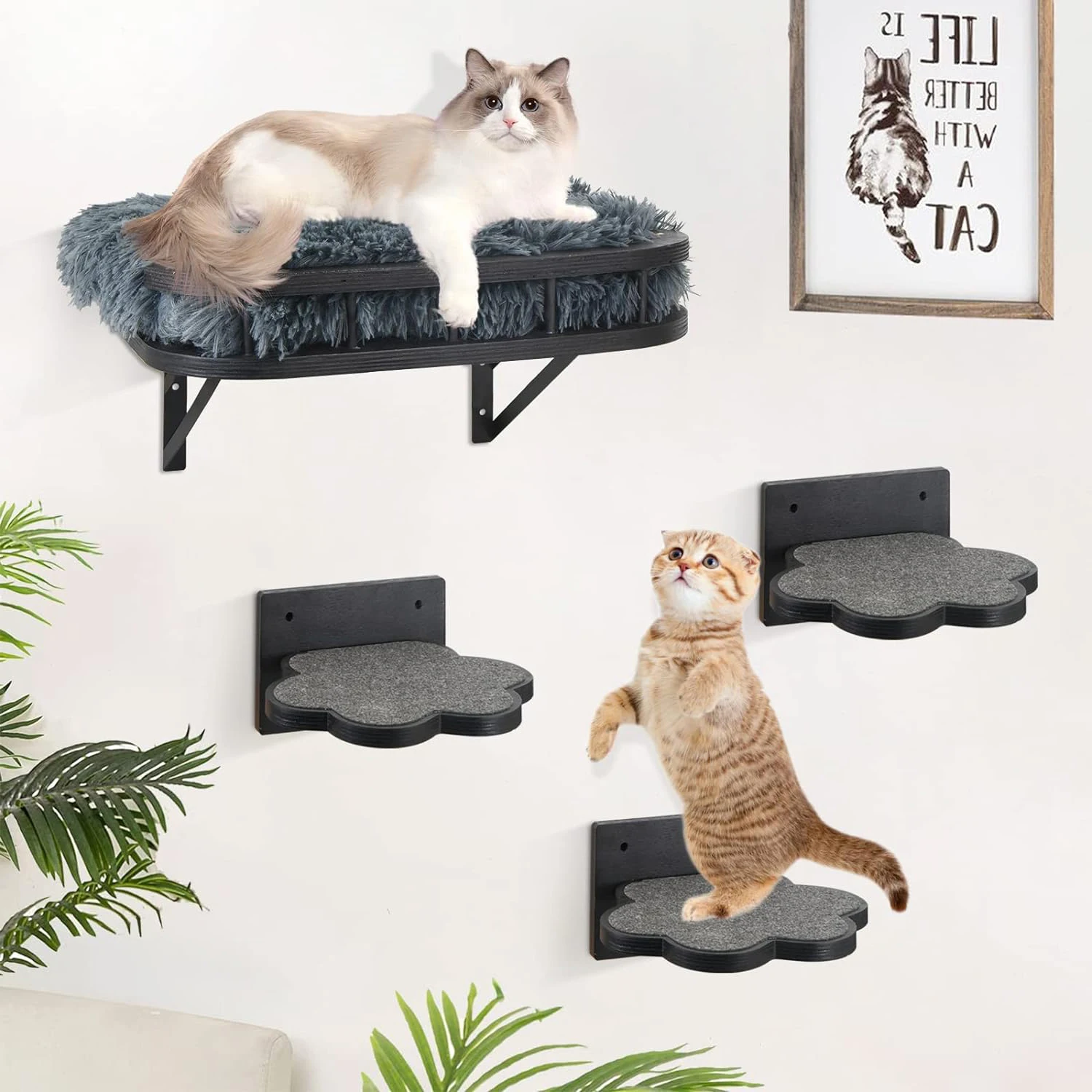 Cat Hammock Cat Wall Furniture with Cooling Mat and Plush Cushion and 3 Wall Steps Cat Climbing Shelf