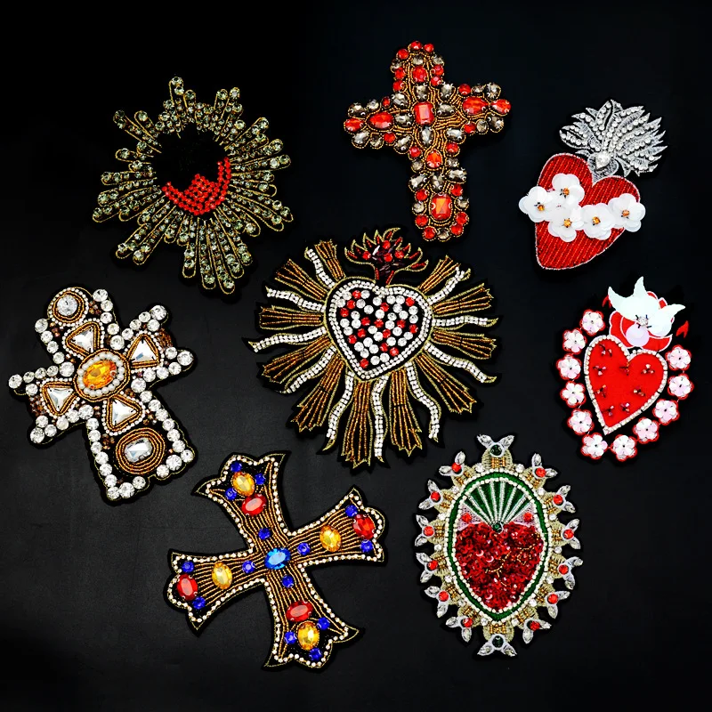 GUGUTREE handmade beaded sequined heart patches sew on embroidery star cross patch badges appliques