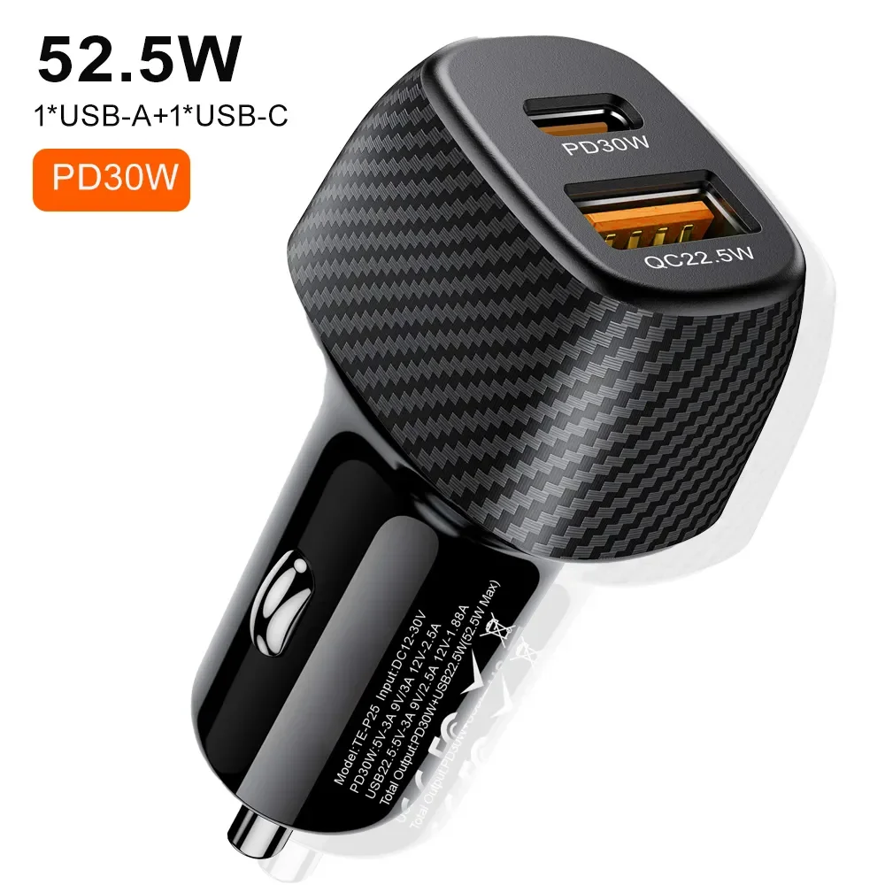 2024 Car Charger USB C 52.5W Dual Port Fast Charging Cigarette LED Charger Mini Car Phone Charger For iPhone 15 Samsung Galaxy