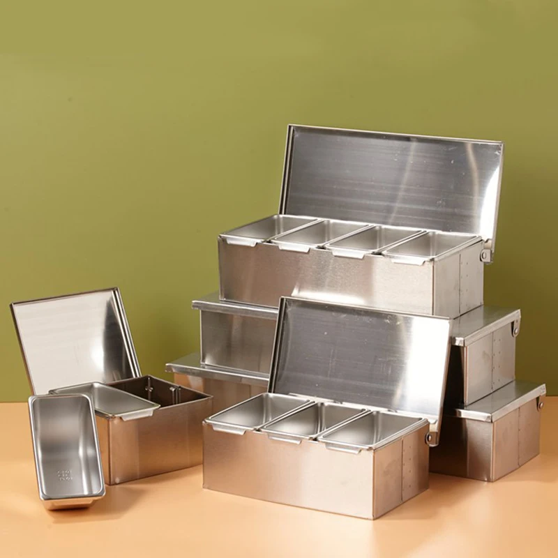 Kitchen Seasoning Storage Box Salt Sugar Masala Spice Rectangle 2/3/4/5/6 Compartment Stainless Steel Metal Spice Box