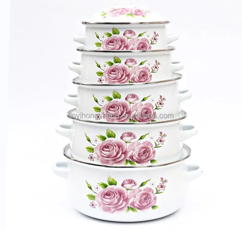 7 Pieces Custom Decal MAC Cooking Pot Enamel Cookware Sets Cookware With Bottom