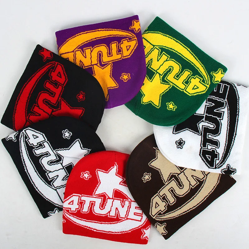 Wholesale Fashion Design Y2K Big Letter 4 Tune Star Logo All Over Print Jacquard Knit Beanie Hat