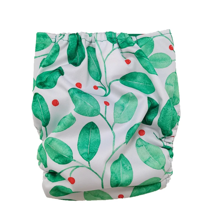 New style reusable baby bamboo cloth diapers solid green leaves 100% polyester cotton aio double leak guard washable baby diaper
