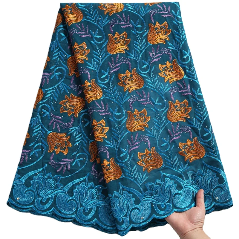 2247 Wholesale African Swiss Voile Lace Fabric With Stones 5 Yard Nigerian Embroidery Flower Cotton Lace Fabric For Sale