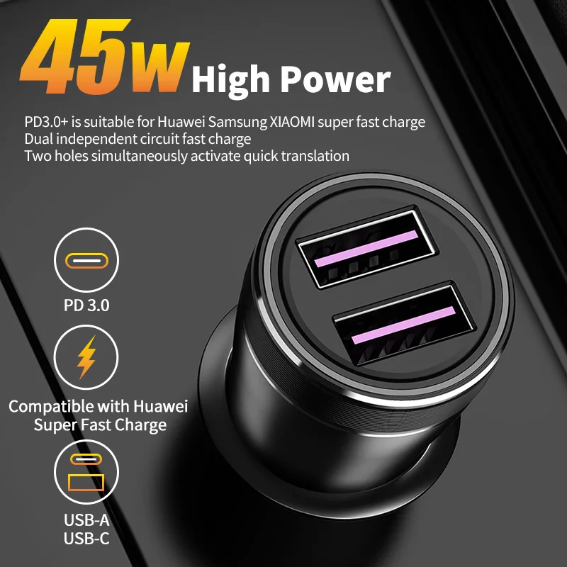 high-power Car Charger 5A Fast Charging Type C Quick Charge 3.0 QC PD 3.0 SCP USB Car Charger For Xiaomi Samsung Iphone Charger