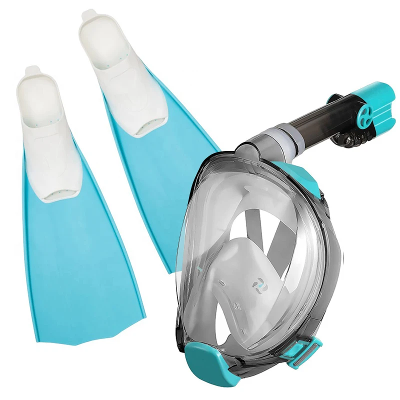 Wholesale scuba diving set dry snorkel snorkeling PP TPR fins 180 degree full face snorkeling mask Fins set with camera mount