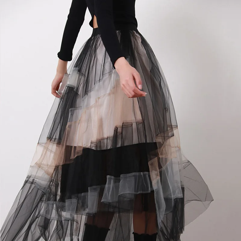 2023 Fashion elastic waist multi-layer patchwork gradient contrast color gauze skirt new layered irregular skirt
