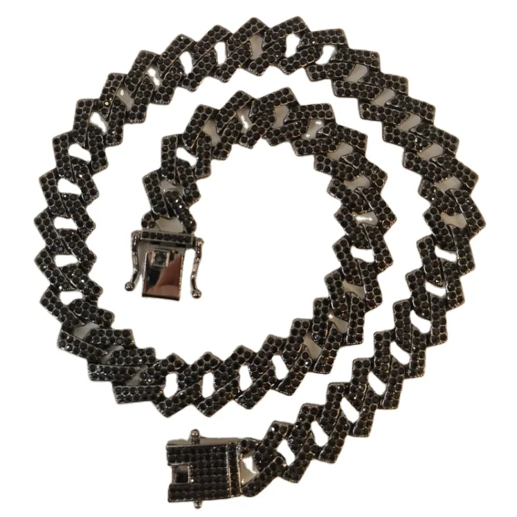 Iced out miami choker jewelry hip hop alloy full diamond 15mm width black cuban link chain necklace