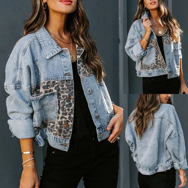 Custom Fall Denim Jacket Women Winter Coats Patchwork Leopard Vintage Jean Varisty Bomber Jackets For Ladies