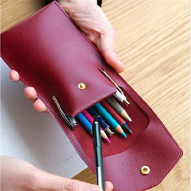 Custom Leather Pocket Pencil Case Large Capacity Pen Pouch Bag With Snap Button Stationery Organizer Office Supplies