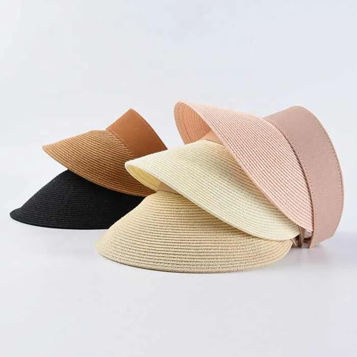 Fashion Casual Beach Dress Summer Sun Hat Plain Dyed High Quality Fine Raffia Straw Visor Cap for Women Lady Travels Holiday