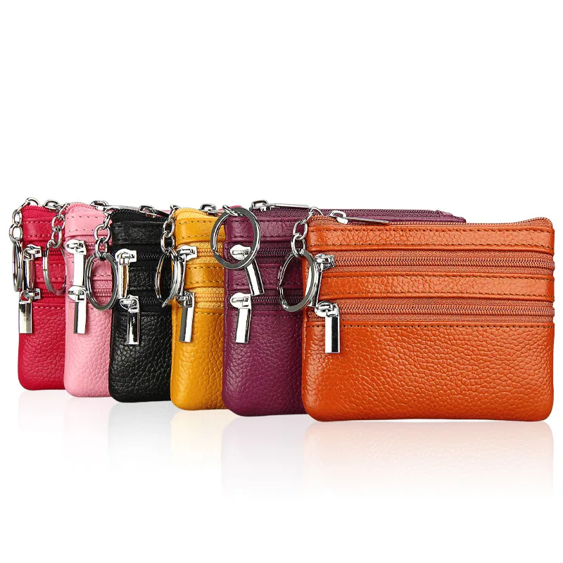Personalized Mini Genuine Cow Leather Clutch Bag Zipper Coin Purse with Key Chain