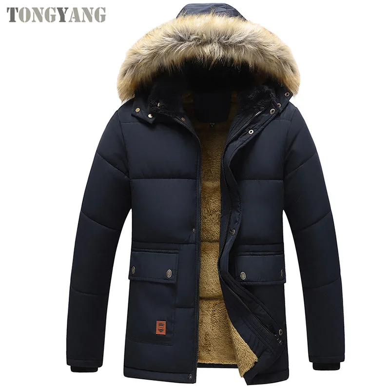 TONGYANG New Men Winter Parka Fleece Lined Thick Warm Hooded Fur Collar Coat Male Size 5XL Plush Jacket Autumn Work Outwearing