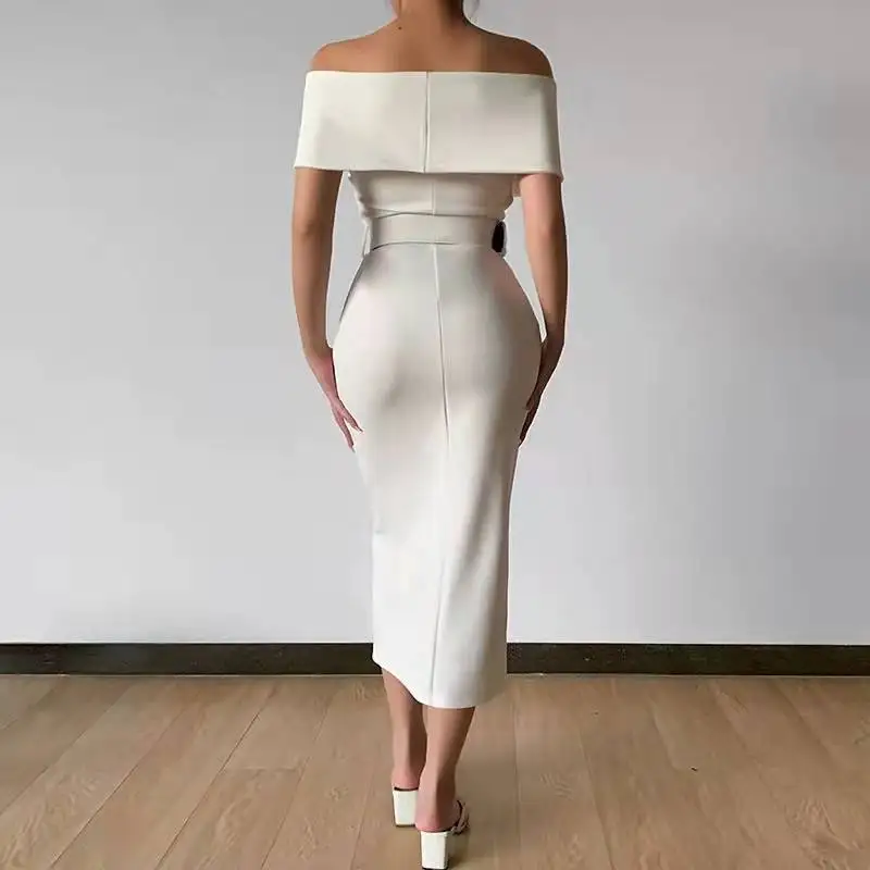Весенне-летнее Новое модное пикантное облегающее офисное платье с открытыми плечами и поясом с разрезом