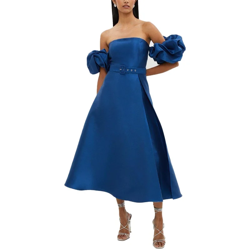 ladies satin luxury dresses elegant formal party evening midi dress with puff sleeves women