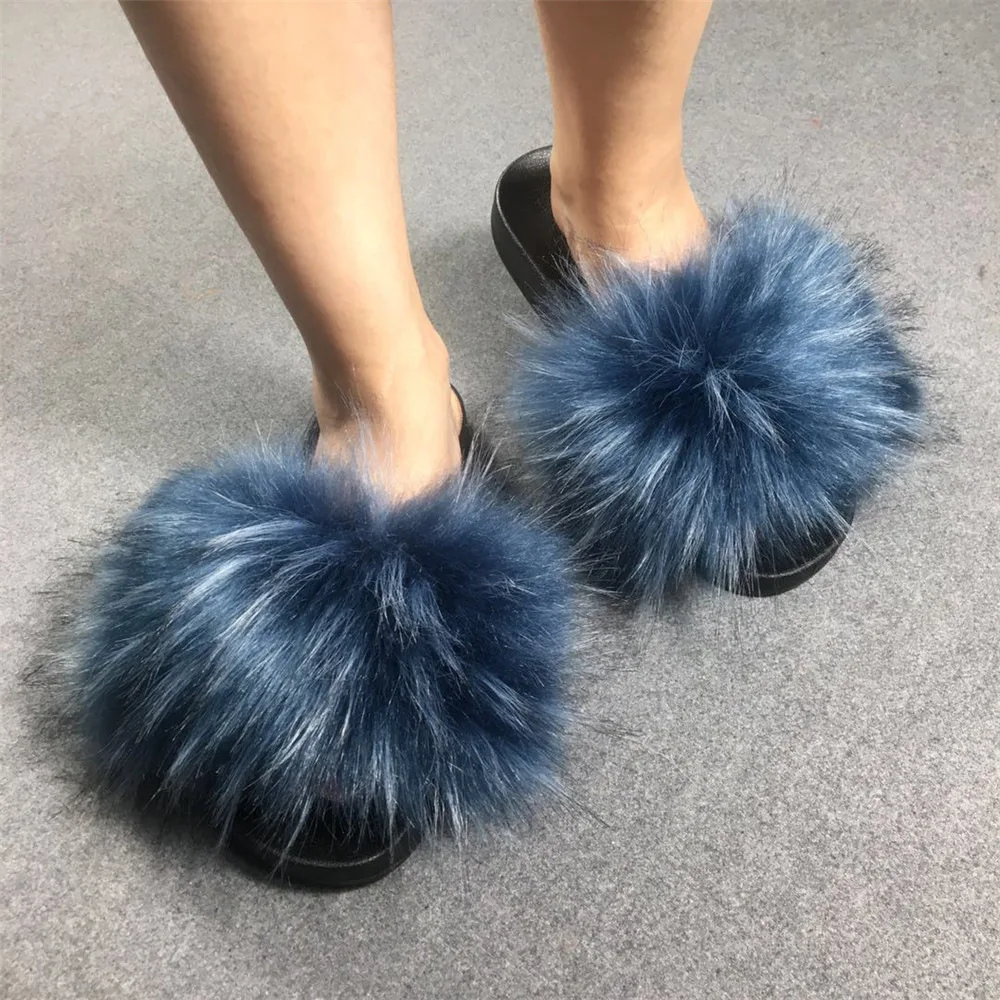 Imitation Fox Fur Slippers Faux Fluffy Plush Slide Custom Summer Women Fashion Fur Slides
