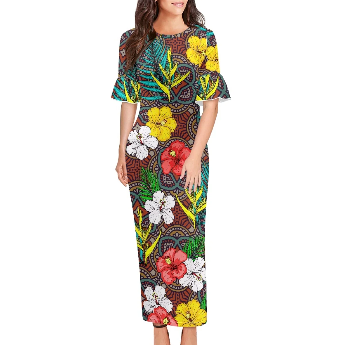 Evening Dress Lotus Leaf Short Sleeve Long Dress Tribal Traditional Hibiscus Rosa Flower Print Elegant Mermaid Dress