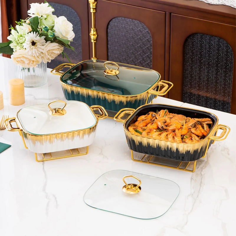 Unique Gold Pattern Kitchenware Serving Dishes Nonstick Ceramic Soup Pot Set Tableware with Handle and Candle Holder