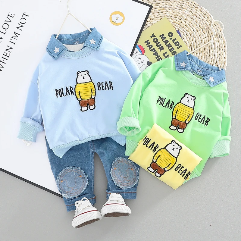 
2020 Comfortable spring bear cartoon cowboy collar two piece baby sets 