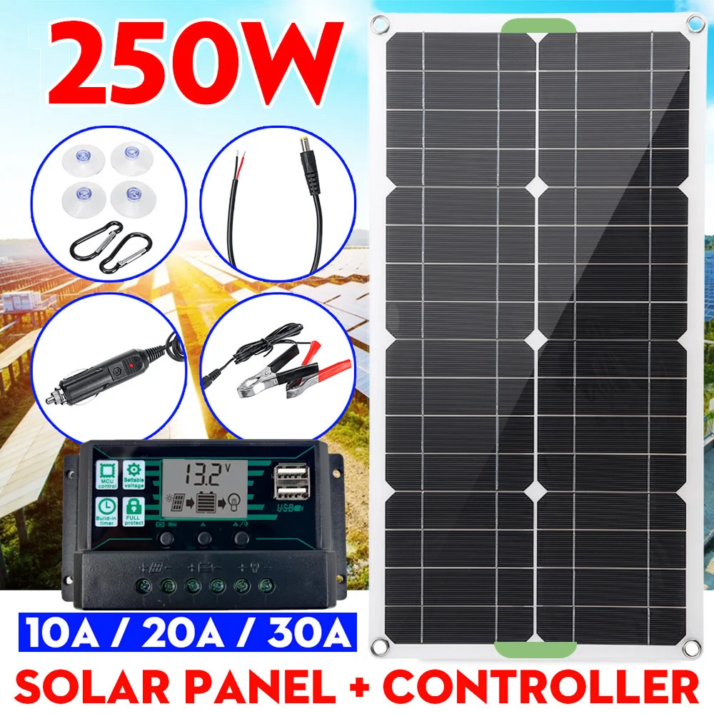 12V 250W Flexible Solar Panel Battery Charger Dual USB With 10-100A Controller Solar Cells Power Bank for Phone Car Yacht RV