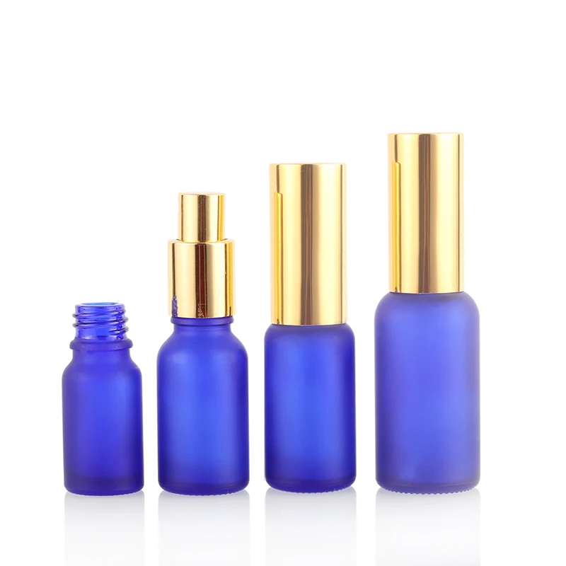 Full Set 10Ml 20Ml 30Ml 50Ml Blue Cylinder Glass Oil Bottle Gold Aluminum Pump Spray Bottles