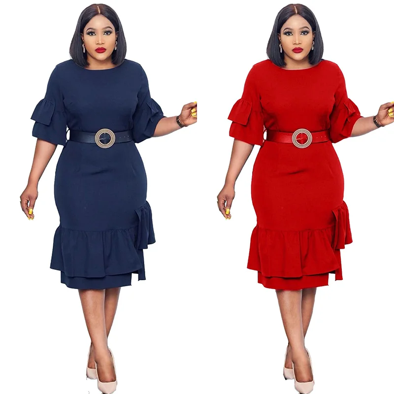2022 Summer New African Solid Color Half Sleeve Elegant Office Dress Ladies Plus Size Pencil Career Dresses Vestidos Robes