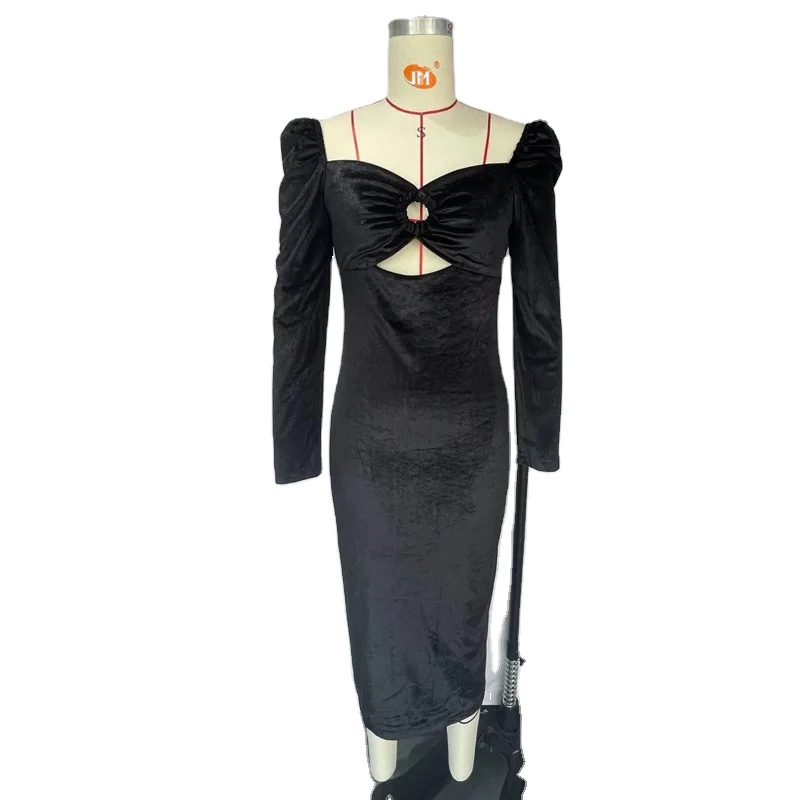 PB&ZA2022 French Retro Black Square Neck Chest Cutout Design Mid-Length Velvet Long Sleeve Dress