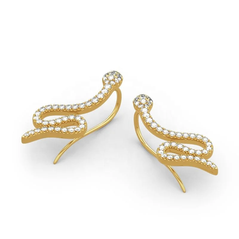 Fashion 925 Sterling Silver Gold Plated Sparkling Zircon Diamond Ear Crawler Snake Cuff Climber Earrings Women