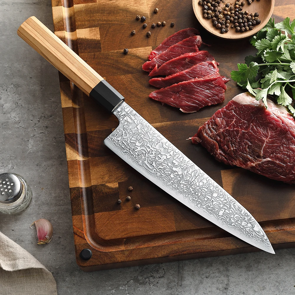 XINZUO New Custom Damascus Steel Chef Knife with Japanese Octagonal Olive Wood Buffalo Horn Handle Kitchen Knives