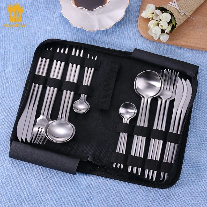 Customizable Packaging 24 Pieces Portable Camping Picnic Travel Gold Plated Flatware Silverware Dinnerware 24 Piece Cutlery