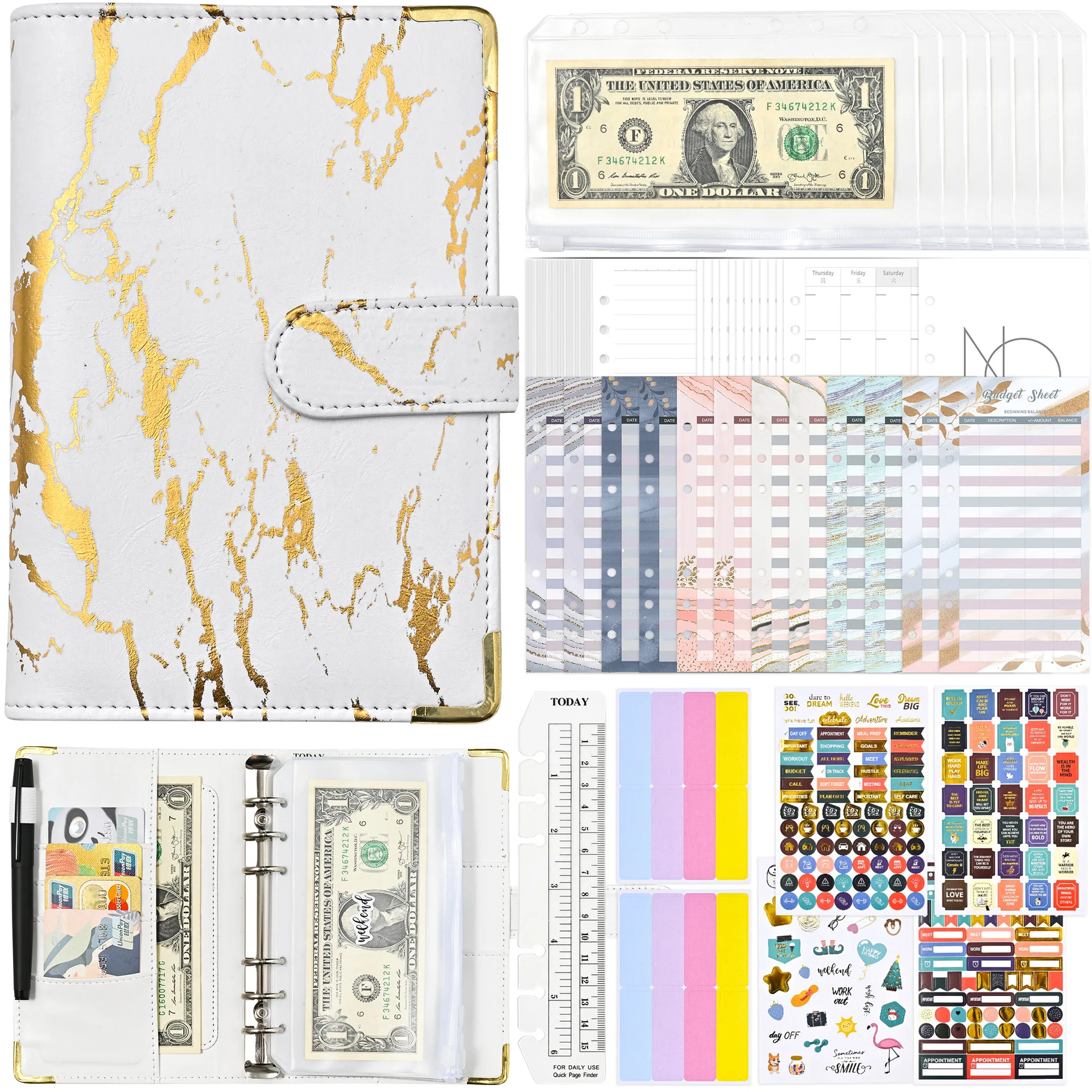 Wholesale custom logo a6 marble budget binder money notebook binder notebook with cash envelopes planner journal for budgeting