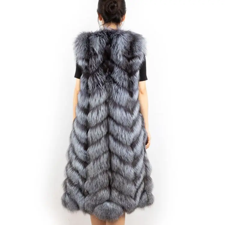 DH IATOYW 2019 Popular Women Real Fox Fur Gilet 110cm Long Wholesale Winter Silver Fox Fur Vest