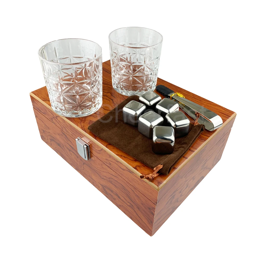 Lower MOQ Stainless Steel Whiskey Cooling Ice Cube Stones And Glass Wooden Box Gift Set Have With 2 Glasses Metal Whiskey Stones