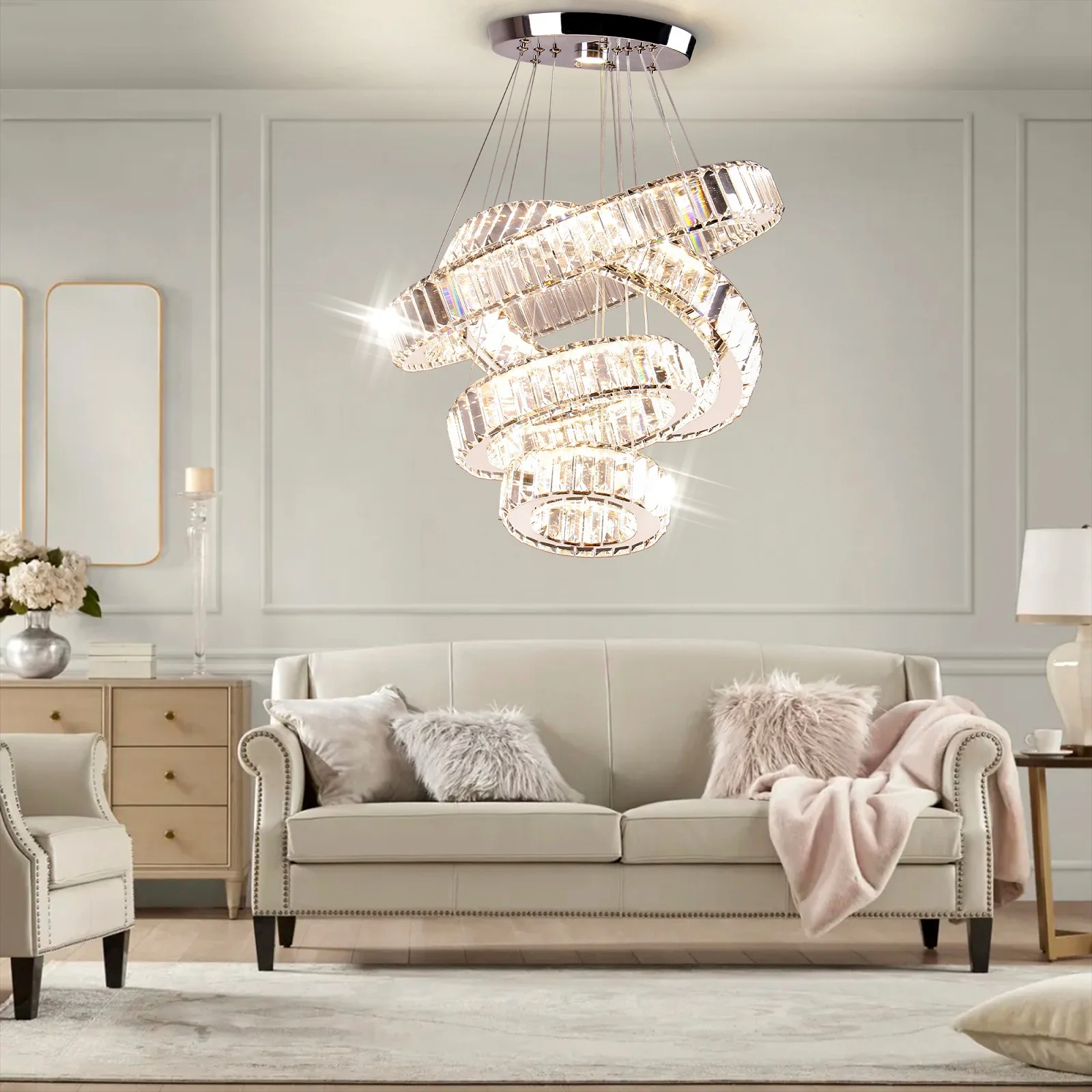 OEM for Dining Room Bedroom Living Room Dimmable Modern LED Chandelier with Remote 4 Ring Pendant Light Crystal Chandeliers