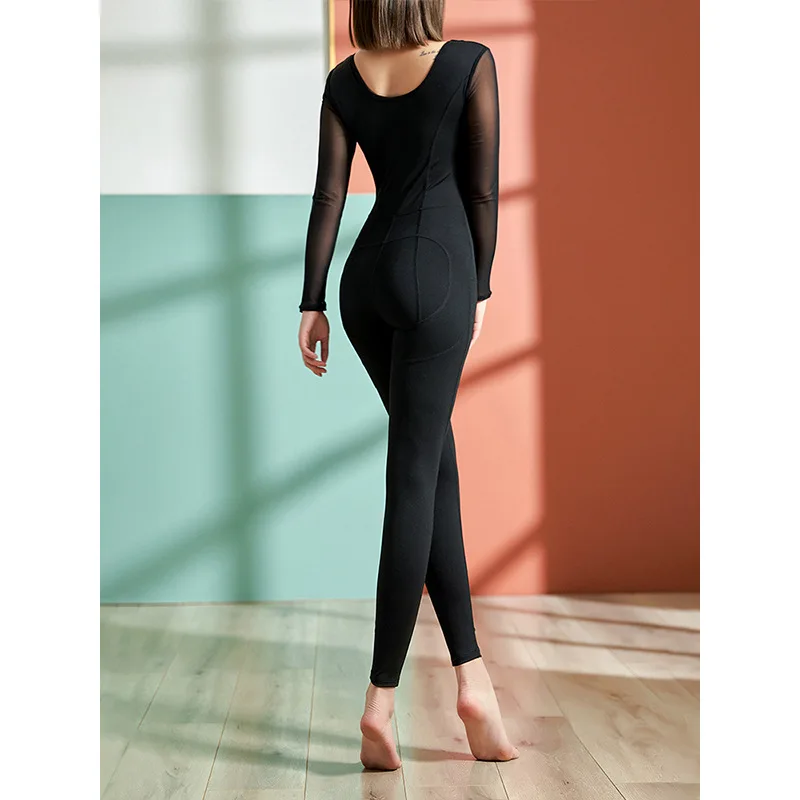 New mesh dance training wear long-sleeve yoga one-piece jumpsuits  nude skin-friendly high elastic dance clothes