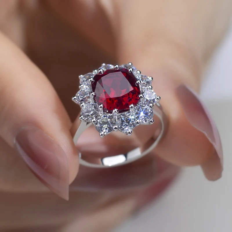 Messi Jewelry MSR-955 S925 lab ruby cushion cut ring flower design engagement ring wedding band classic gift